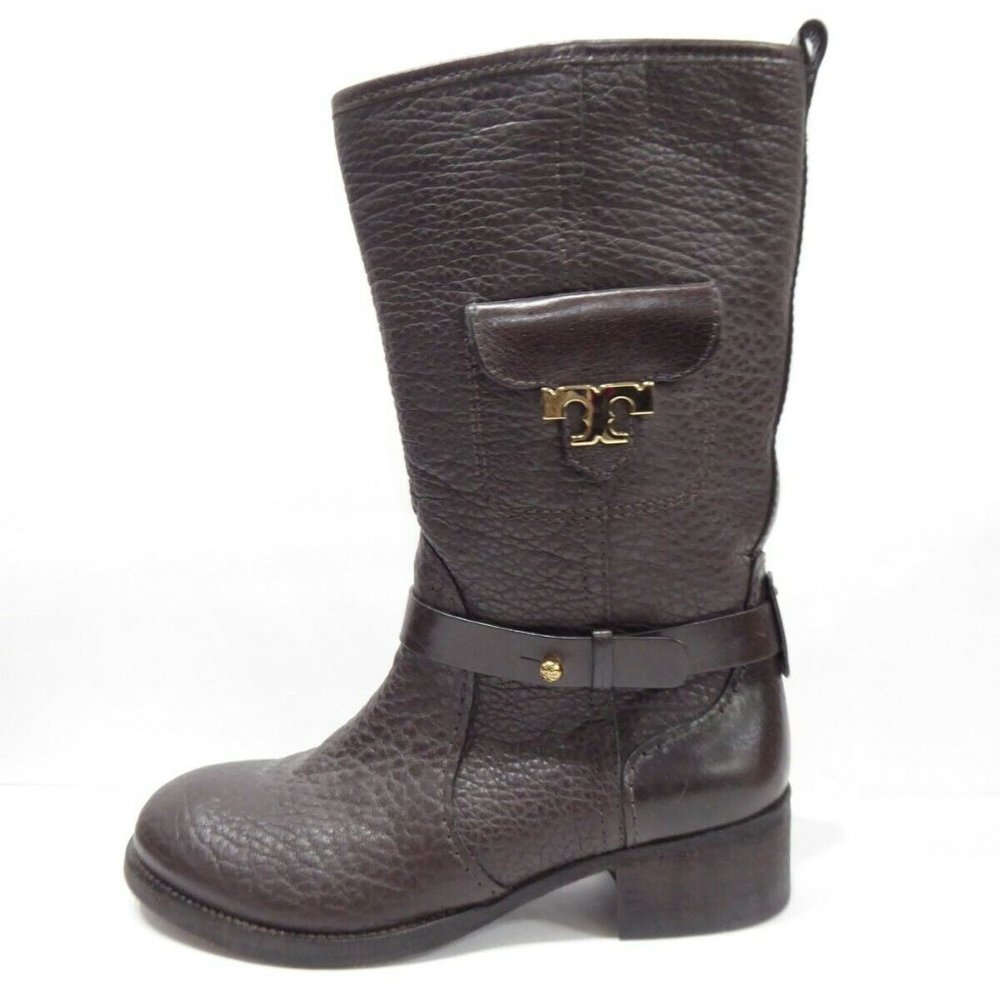 Tory Burch Leona Brown Leather Moto Boots Logo